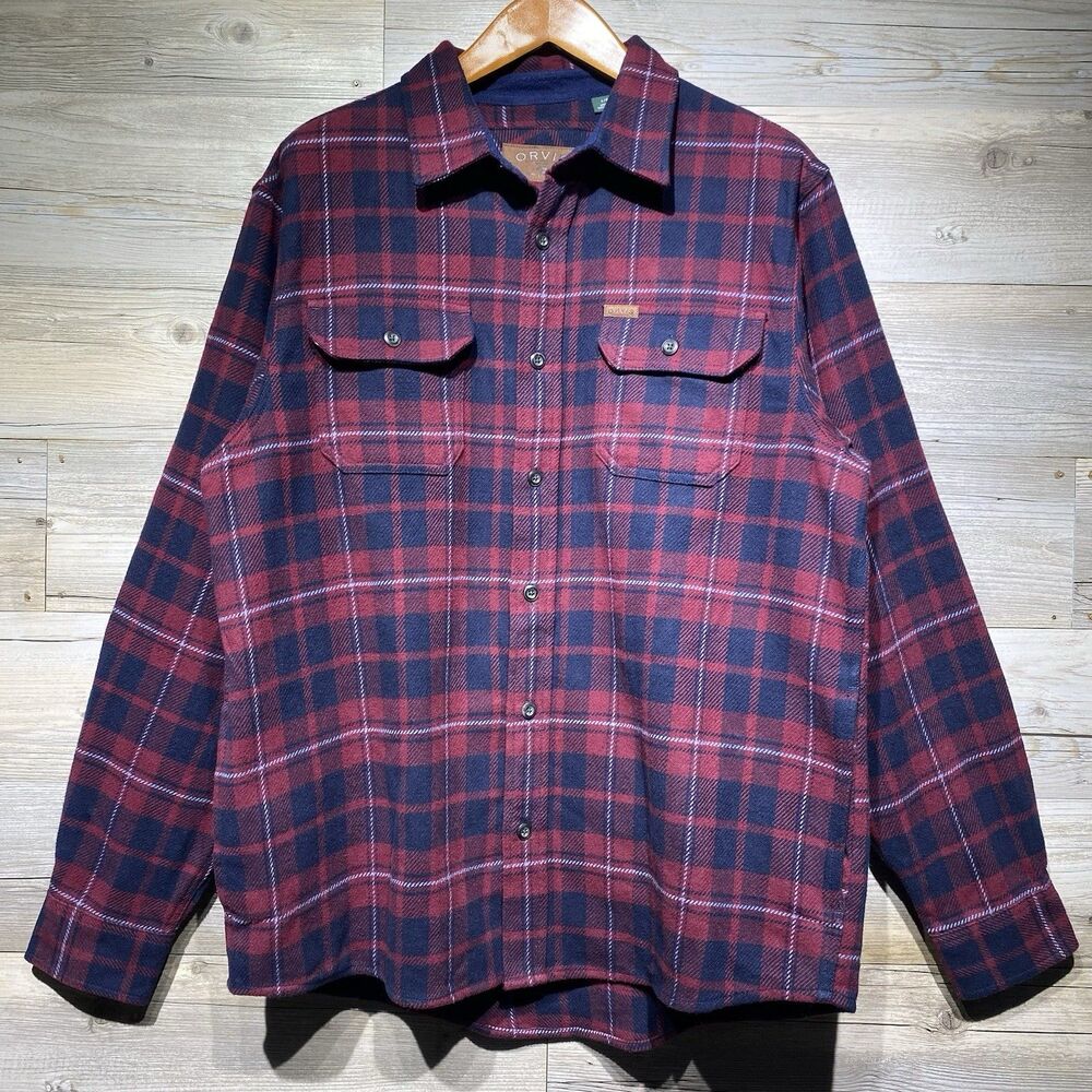 Orvis Heavyweight Brushed Flannel Over Shirt Shacket Mens Large Blue Multi Plaid